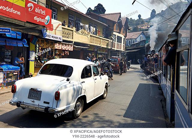 The Hindustan Ambassador, a car manufactured by Hindustan Motors of India, seen from the Darjeeling Toy Train