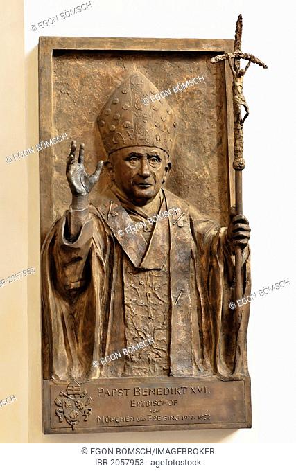 Relief, plaque, Pope Benedict XVI, former archbishop of Munich and Freising, Frauenkirche, Church of Our Lady, Munich, Bavaria, Germany, Europe