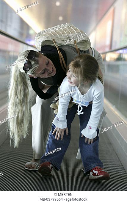 Airport terminal, Rollband, mother,  Daughter, stand, fun  Series, airport, terminal, conveyor belt, transportation, woman, young, 20-30 years, girls, child