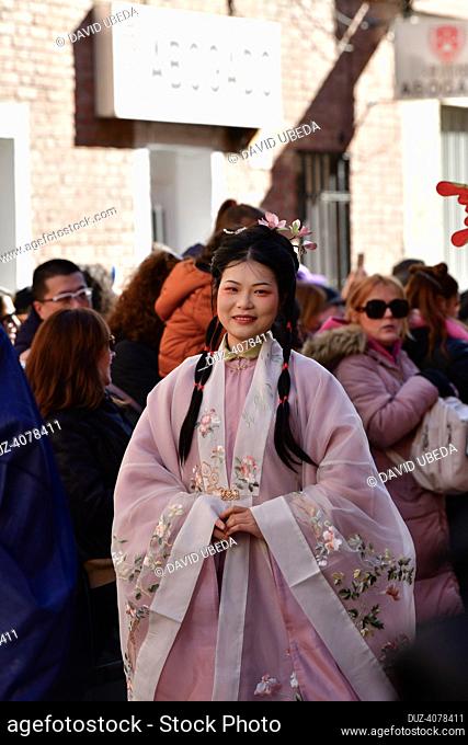 January, 22, 2023, Madrid, Spain, celebration in Madrid of the Chinese New Year, with a parade through the streets of the Usera neighborhood, south of Madrid