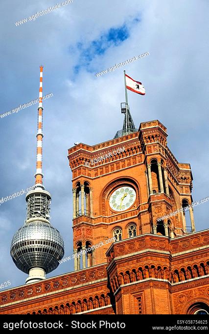 Rotes Rathaus - city hall and Fernseturm, Berlin, Germany