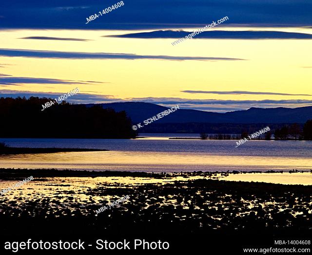 europe, sweden, dalarna, autumn mood at a forest lake, orsa, evening mood at the orsa lake
