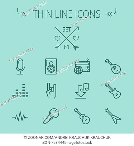 Music and entertainment thin line icon set for web and mobile. Set includes- speaker rock hand, wireless mic, sound wave beat, equalizer, radio, download music