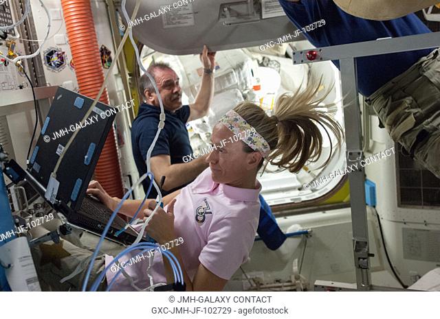 NASA astronaut Karen Nyberg, Expedition 36 flight engineer, uses a computer in the International Space Station's Quest airlock while the crew prepares for a...