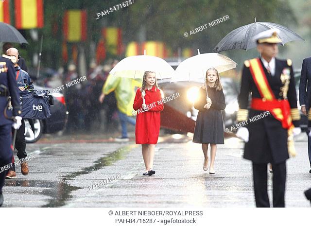 Madrid, 12-10-2016 Princess Leonor and Princess Sofia King Felipe, Queen Letizia, Princess Leonor and Princess Sofia attend the military parade in Madrid on...