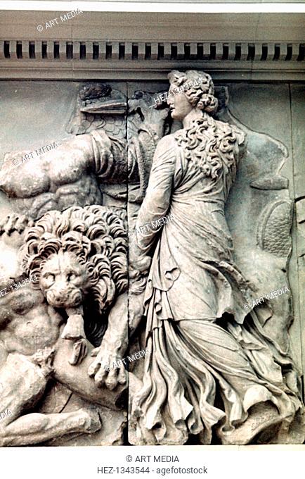 Detail from the Great Frieze of the Pergamon Altar, 180-159 BC. The 113 metre long Ancient Greek frieze depicts the 'gigantomachy'
