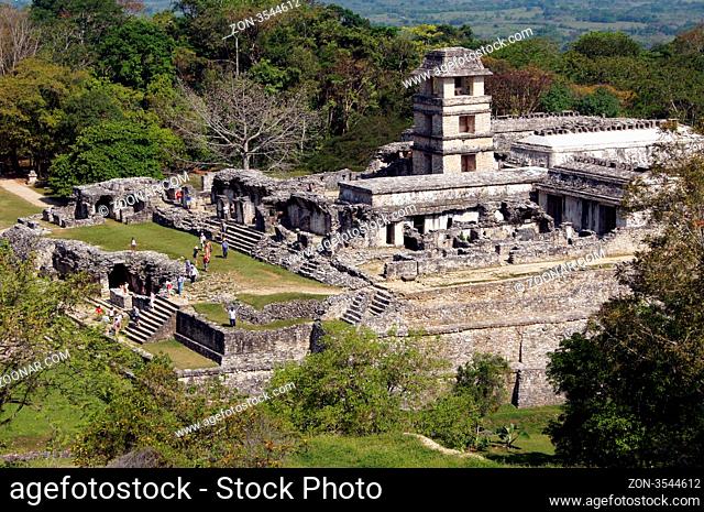 Tourists and temple of the Count in Palenque, Mexico
