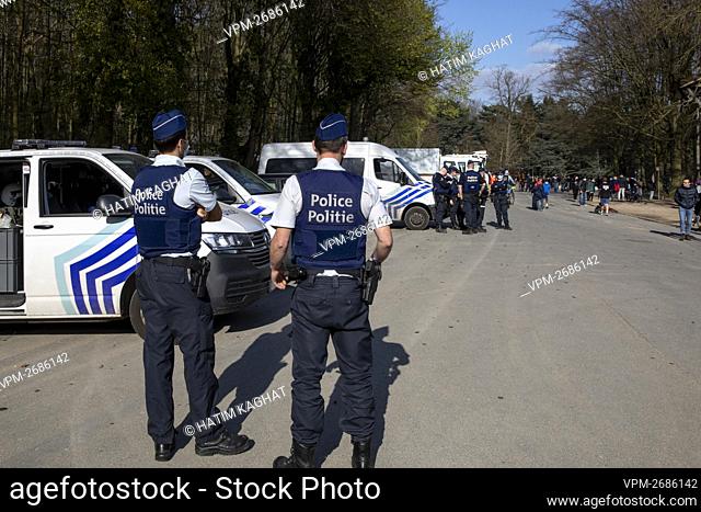 Police pictured after after Yesterday's La Boum fake festival and protest at the Bois de La Cambre - Ter Kamerenbos, in Brussels, Friday 02 April 2021