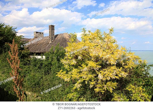 Hungary, Tihany, floweing tree, roof, Lake Balaton,