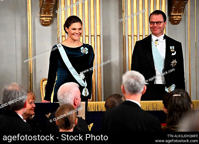 Crown Princess Victoria and Prince Daniel arrive at the Swedish Academy's annual festive gathering in the Great Stock Exchange Hall in the Börshuset in...