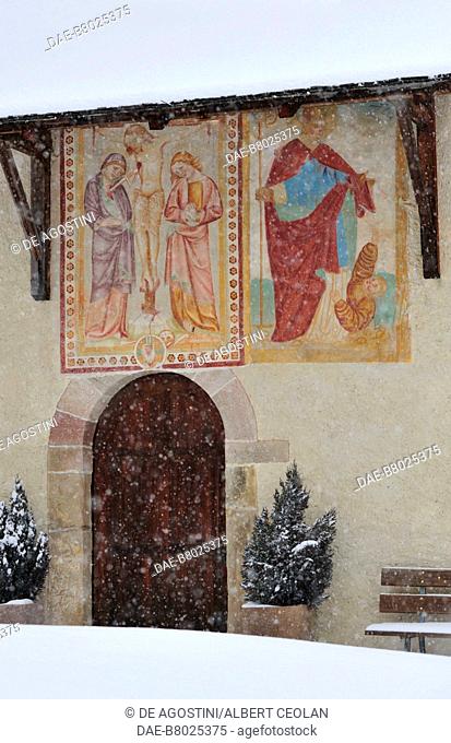 Frescoes depicting The Crucifixion and Saint Valentine, church of Saint Valentine, snowy landscape, Gentersberg, Sarntal, Trentino-Alto Adige, Italy
