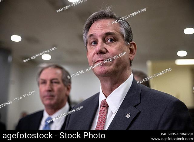 Bruce Castor, lawyer for former President Donald Trump, speaks at a press conference after the Senate voted to acquit former president Donald Trump in the...