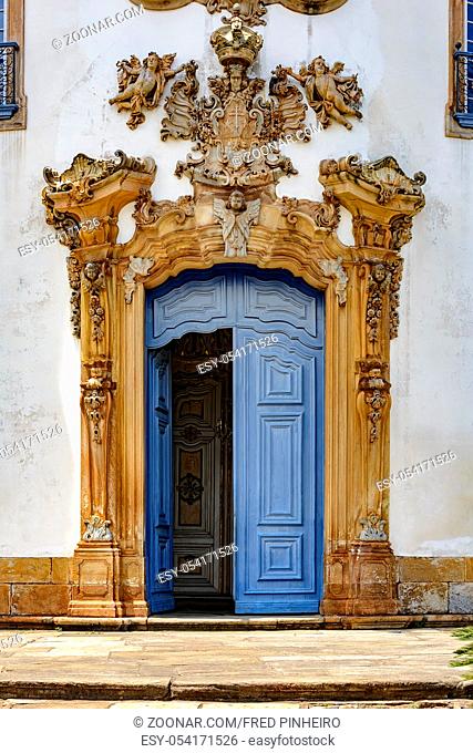 Gateway to the ancient and historic church of San Francisco de Assis in the city of Ouro Preto with its sculptures and carvings in the characteristic woods of...