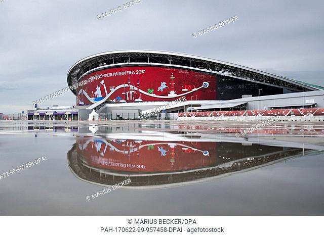 Picture of the Kazan Arena Stadium being reflected by a reflecting pool taken in Kazan, Russia, 22 June 2017. Photo: Marius Becker/dpa. - Kasan/Russia