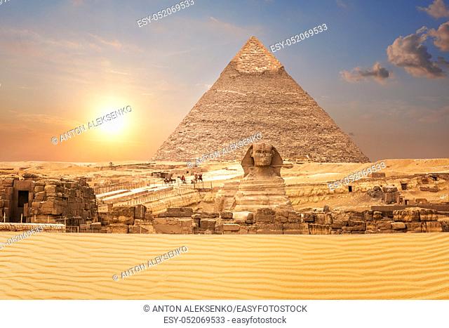 Wonderful view on the Sphinx and the Pyramid of Chephren in Egypt