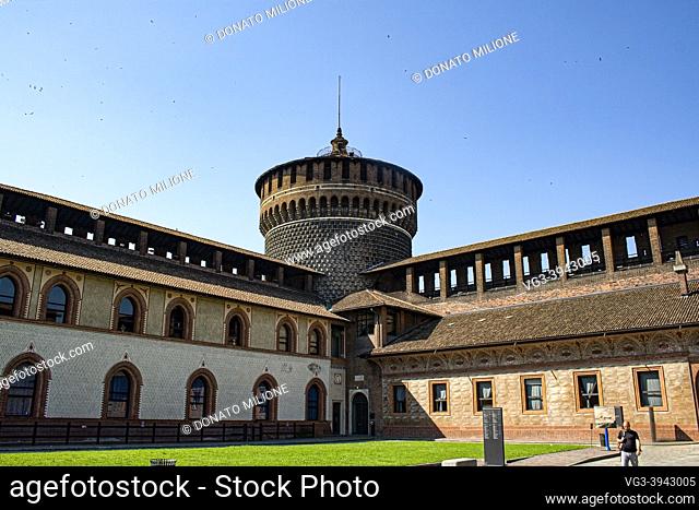 Milan, Lombardy, Italy, Europe. Sforza's Castle (Castello Sforzesco), was built in 15th Century by duke Francesco Sforza, is situated in the center of the city