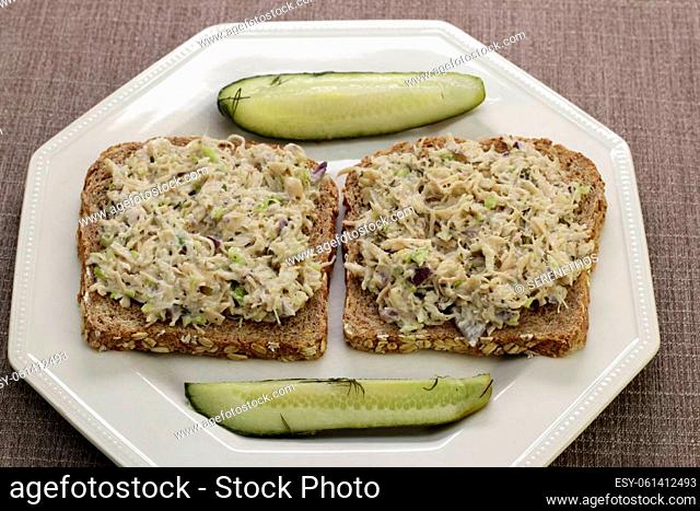 Two open-faced chicken salad sandwiches on a plate with dill pickle spears close-up. Chicken salad open-faced sandwiches on sprouted grain bread with dill...