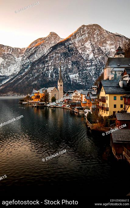 Winter View of Hallstatt in the morning, traditional austrian wood village, UNESCO world culture heritage site