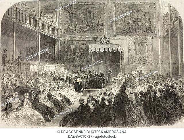 Prince Alfred opening the Industrial Museum in Edinburgh, United Kingdom, illustration from the magazine The Illustrated London News, volume XLVIII, June 2