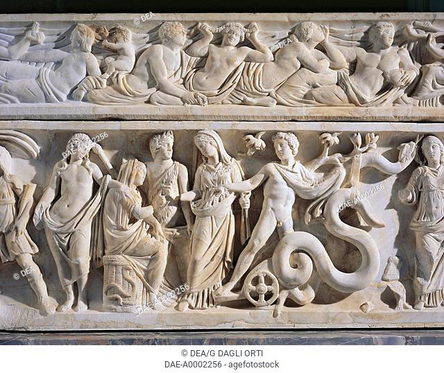 Roman civilization, 2nd century A.D. Marble sarcophagus with relief depicting the legend of Triptolemus. Detail.  Paris, Musée Du Louvre