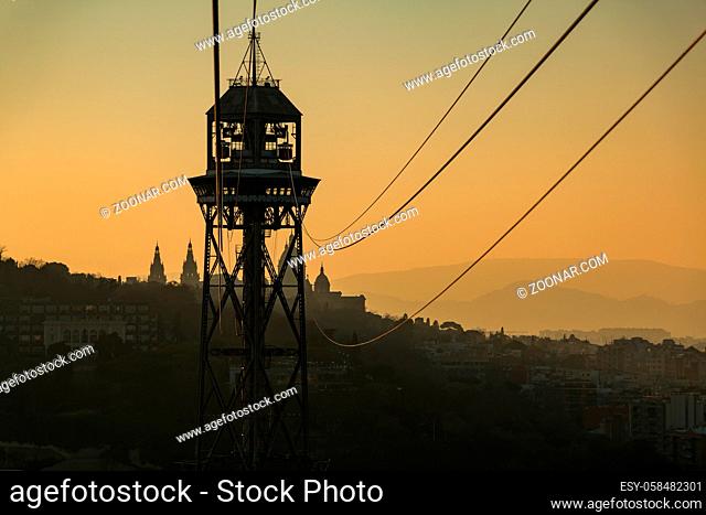 A picture of one of the Port Cable Car towers captured at sunset
