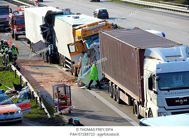 Three trucks and a motorhome pictured after an accident on the A61 motorway near Boppard, Germany, 9 April 2015. According to police