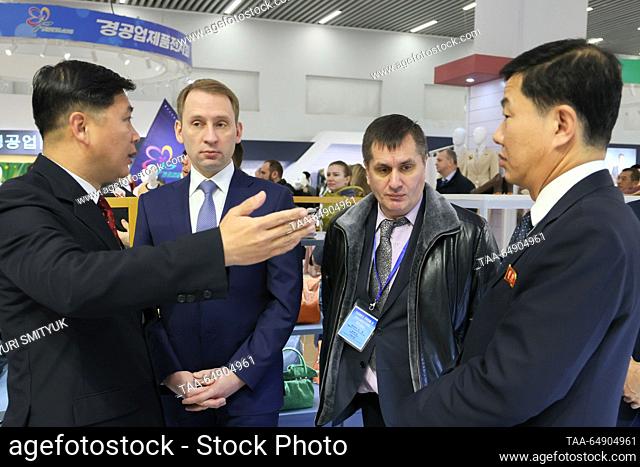 NORTH KOREA, PYONGYANG - NOVEMBER 16, 2023: Russia's Natural Resources and Ecology Minister Alexander Kozlov (2nd L) attends an exhibition of North Korean...