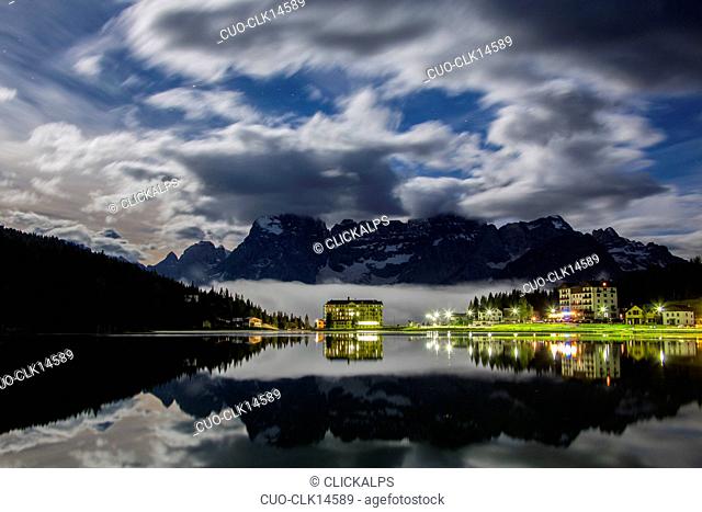 Full moon night at Lake Misurina, Cortina d'Ampezzo, Dolomites, Veneto, Italy, Europe