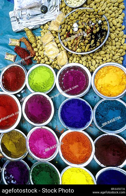 Color powder and Pooja things for sale in Chidambaram, Tamil Nadu, South India, India, Asia