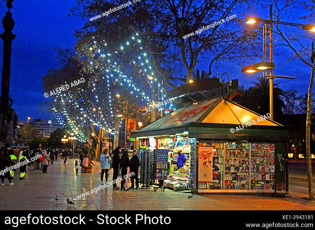 kiosk and Christmas lighting 2021 on the Rambla de Santa Mónica, Barcelona, ??Catalonia, Spain