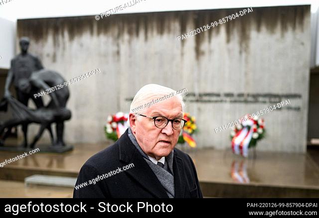 26 January 2022, Brandenburg, Oranienburg: German President Frank-Walter Steinmeier (SPD) makes his remarks at the end of a visit to the Sachsenhausen Memorial...