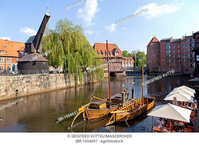 Old harbour with Salzewer ship and barge, historical salt ships, old crane, Lueneburg, Lower Saxony, Germany, Europe