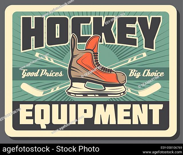 Ice hockey sport game equipments of player stick, puck and skate with rink on background. Ice hockey equipments and gear shop or sporting accessories store...