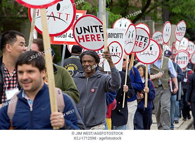 Rosemont, Illinois - A picket line at the Hyatt Regency O'Hare hotel supports Hyatt workers nationwide who are seeking to join the Unite Here hotel workers...
