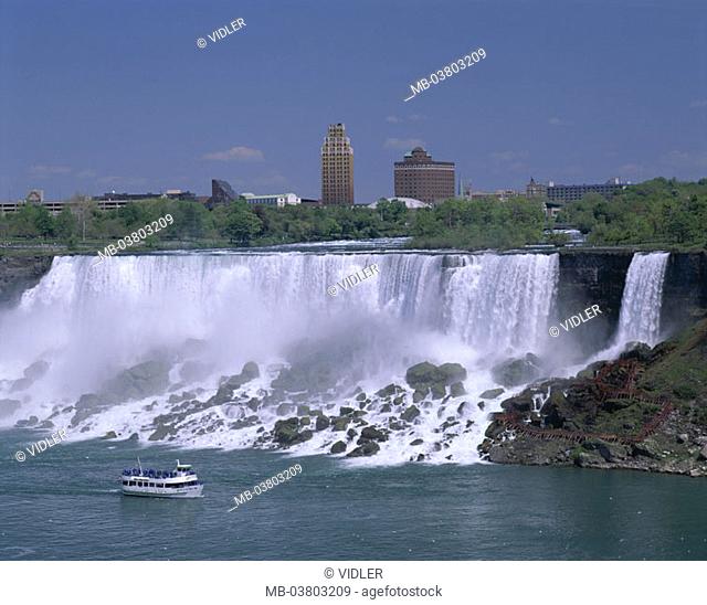 USA, New York, Niagara cases, boat,  'Amerikan case', skyline, view at the city  North America, America, water cases, pleasure boat, tour boat