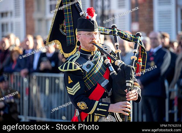A bagpipe player in traditional Scottish attire pictured during the World War I commemorations in Ypres - Ieper, Saturday 11 November 2023