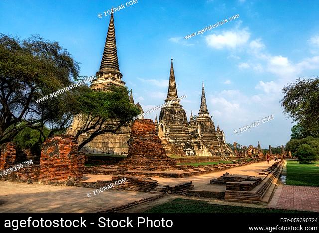 Wat Phra Si Sanphet Buddhist temple scenery in Ayutthaya, Thailand. The view of three main Chedis