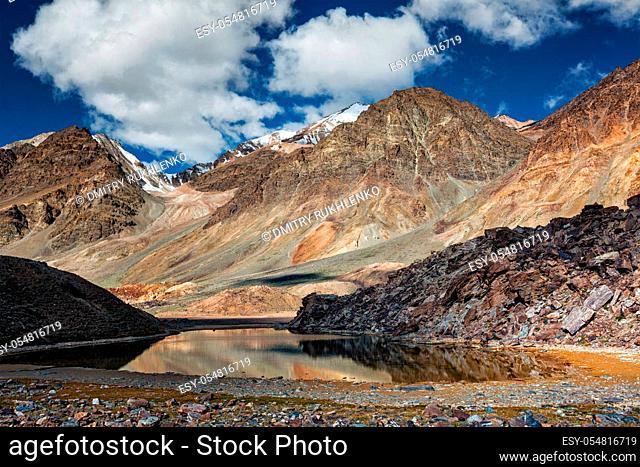 Himalayan landscape with mountain lake in Himalayas along Manali-Leh highway. Himachal Pradesh, India