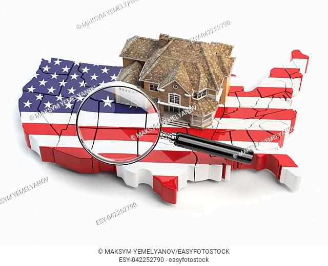 House and loupe on the map of USA in colors of australian flag. Search a house for buying or rent concept. Real estate development in USA