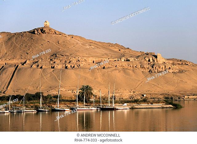 Overlooking the river Nile and the Tombs of the Nobles, Aswan, Egypt, North Africa, Africa