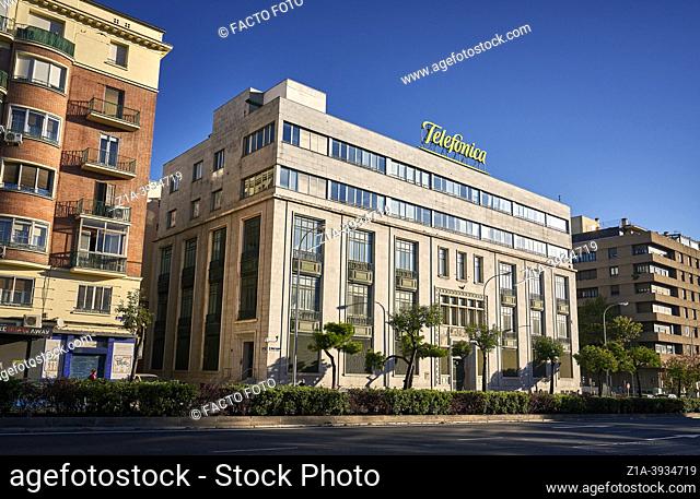 Former North Central Telefonica building in Art Deco style. Madrid, Spain. Telefonica is a Spanish multinational telecommunications company created in 1924 as...
