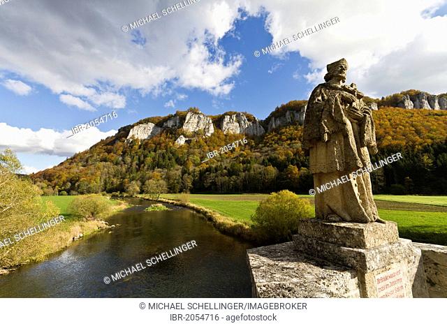 Statue of St. John Nepomuk on the bridge in Hausen im Tal, Upper Danube Nature Park, Sigmaringen district, Baden-Wuerttemberg, Germany, Europe