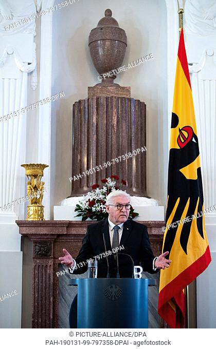 31 January 2019, Berlin: After receiving the ""Gift of Remembrance"", Federal President Frank-Walter Steinmeier will speak for his commitment against right-wing...