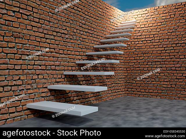 Brick wall and stair to sky. Success concept. 3d render
