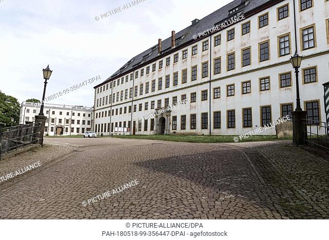 17 May 2018, Germany, Gotha: The central section of Friedenstein Palace. Friedenstein Palace is one of the best preserved architectural monuments from early...