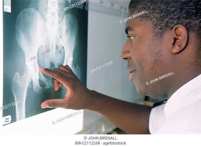 Radiographer reviewing a pelvic xray