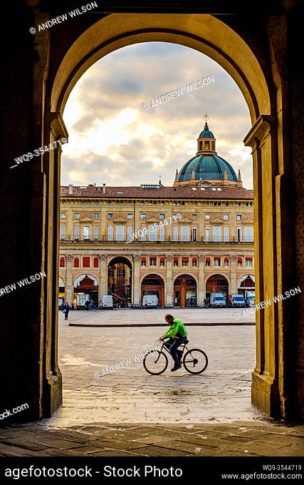 Entrance arch to the Biblioteca Salaborsa, Piazza del Nettuno, Bologna, Italy