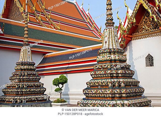 Decorated stupas / Chedi Rai near Phra Rabieng cloister in the Wat Pho complex / Temple of the Reclining Buddha, Buddhist temple in Phra Nakhon district