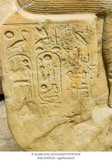 Egypt, Cairo, Heliopolis, open air museum, obelisk parc. Statue with cartouches of Ramses II and a rare inscription about ""Nehebkaou who lives in the great...