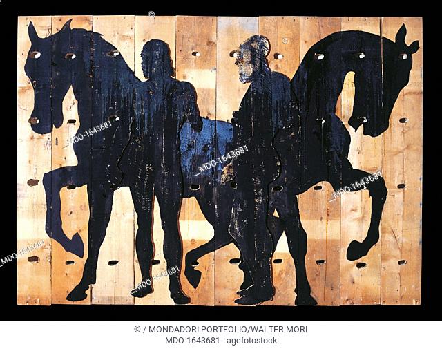 The Dioscuri, by Mario Ceroli, 1981, 20th Century, tempera and ink on raw wood. Private collection. Whole artwork view. The twins are represented naked with the...